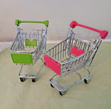 2 Mini Doll Shopping Carts Buggy Metal Rolling Wheels - Cute Kitchen Decor