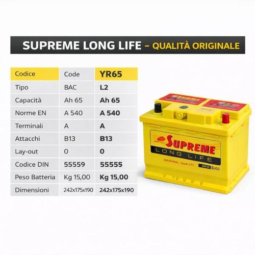 Batteria Auto Suprime Efb 65ah 540A En L2 12V Start Stop 55559 Supreme Yr65