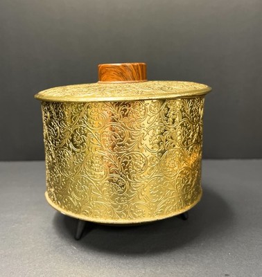 Tin Trinket Box Embossed Footed Tea Storage Case Round Metal 