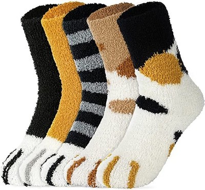 fauson 5 Pairs Fuzzy Socks for One Size-One Size, 5 Cat Craw 
