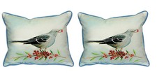 Pair of Betsy Drake Mockingbird and Berries Large Indoor Outdoor Pillows