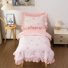 4 Pieces Ultra Soft Toddler Ruffle Bedding Set, Cartoon Rainbow Bowknot Patte...