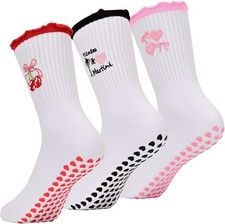 3 Pairs Pilates Grip Socks Women, Pilates Socks Non Slip Women, Cute Embroidery