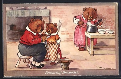 Künstler-AK A. E. Kennedy: Preparing Breakfast, Bärenmutter macht in der Küche  