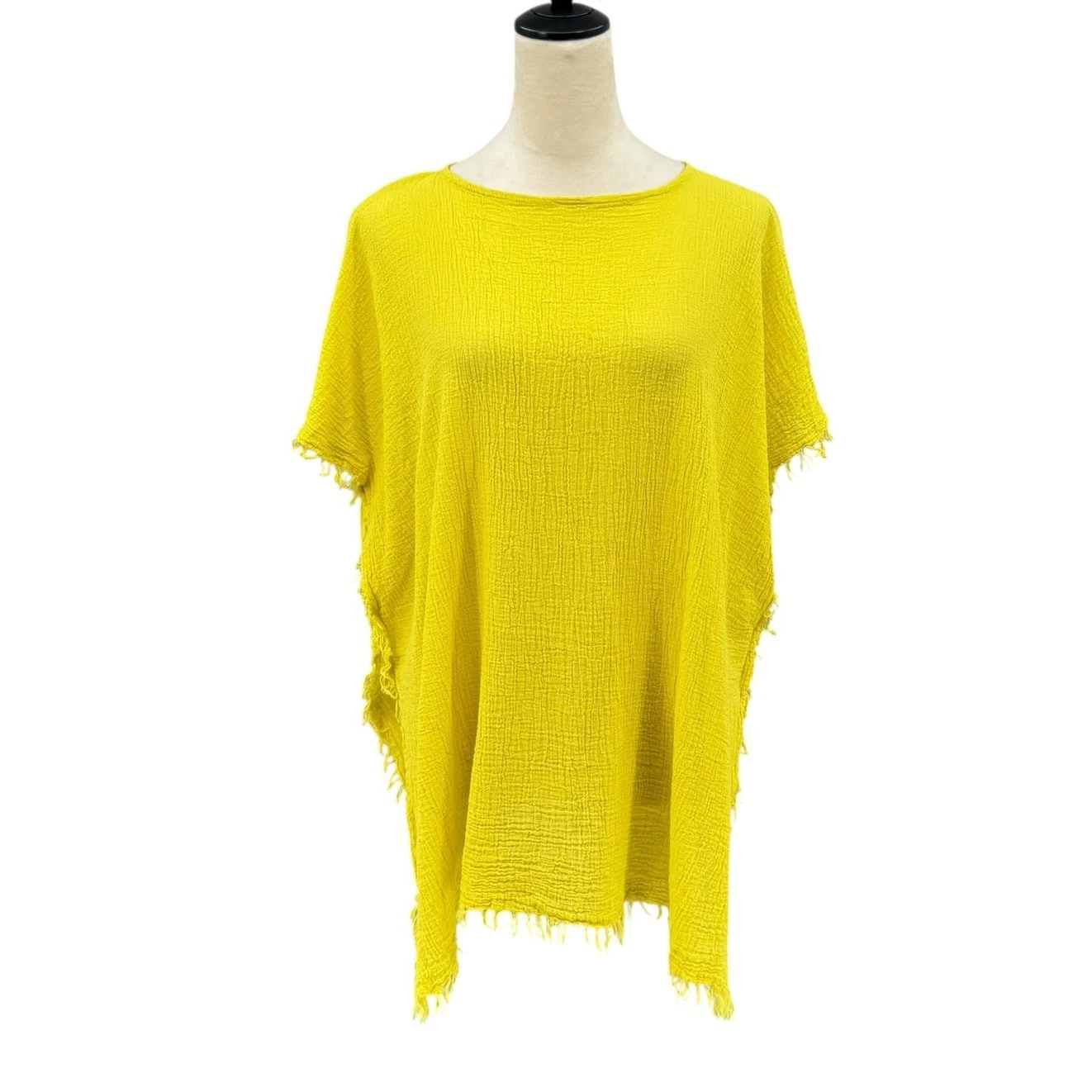 Eileen Fisher OS Lightweight Organic Cotton Fringe Trim Yellow Yarrow Poncho