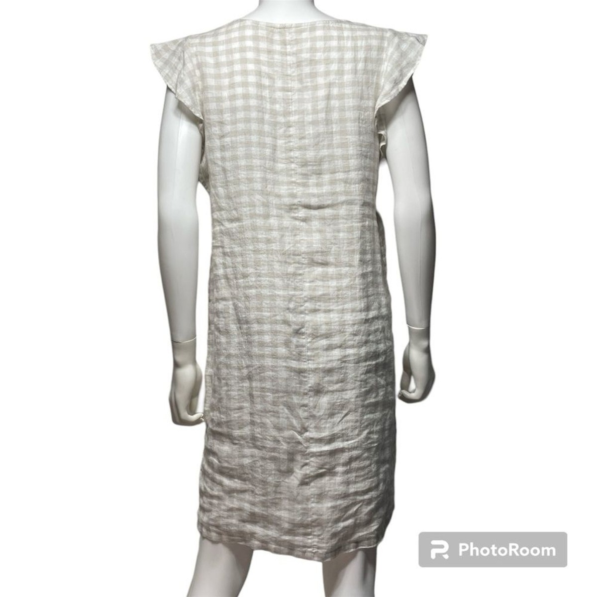 Cynthia Rowley Linen Beige White Gingham Plaid Pull Over Dress Womens Size S