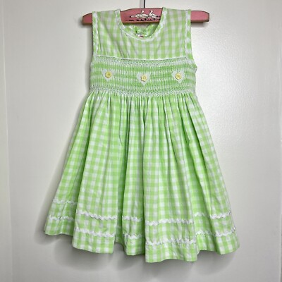 NKid Green White Gingham Smocked Dress Size 2Y Hearts Ric Rac Spring Easter