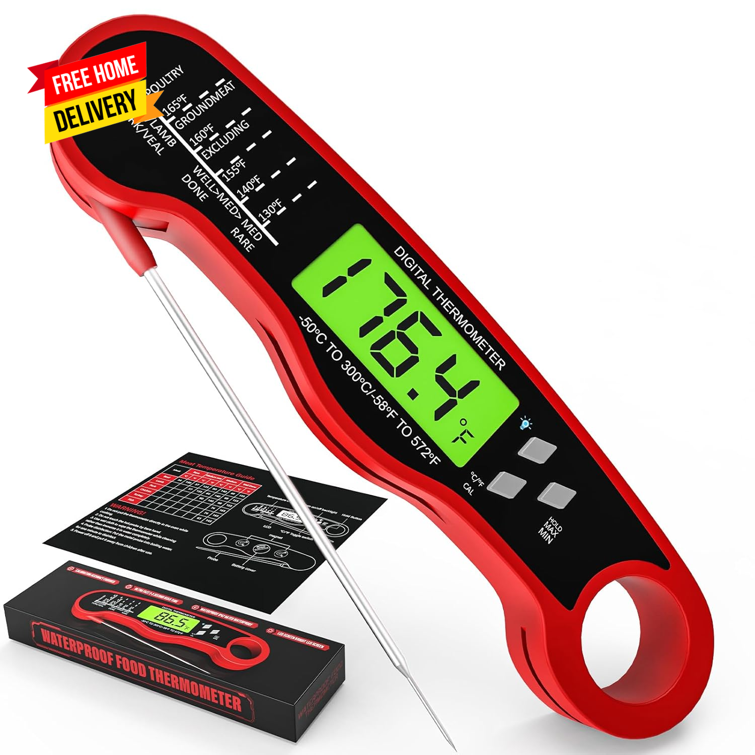 Meat Thermometer Digital - Waterproof Kitchen Thermometer with Backlight and Hol-image