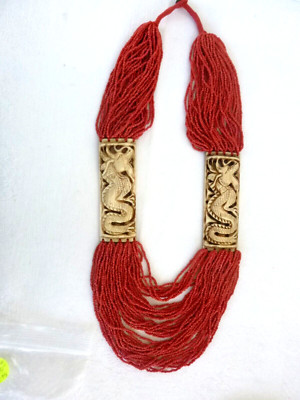 VTG Asian Necklace Multi-Strand Coral Beads Carved Dragons  28'' Hand-Strung