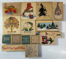 Lot Of 15 Holiday Wooden Rubber Stamps