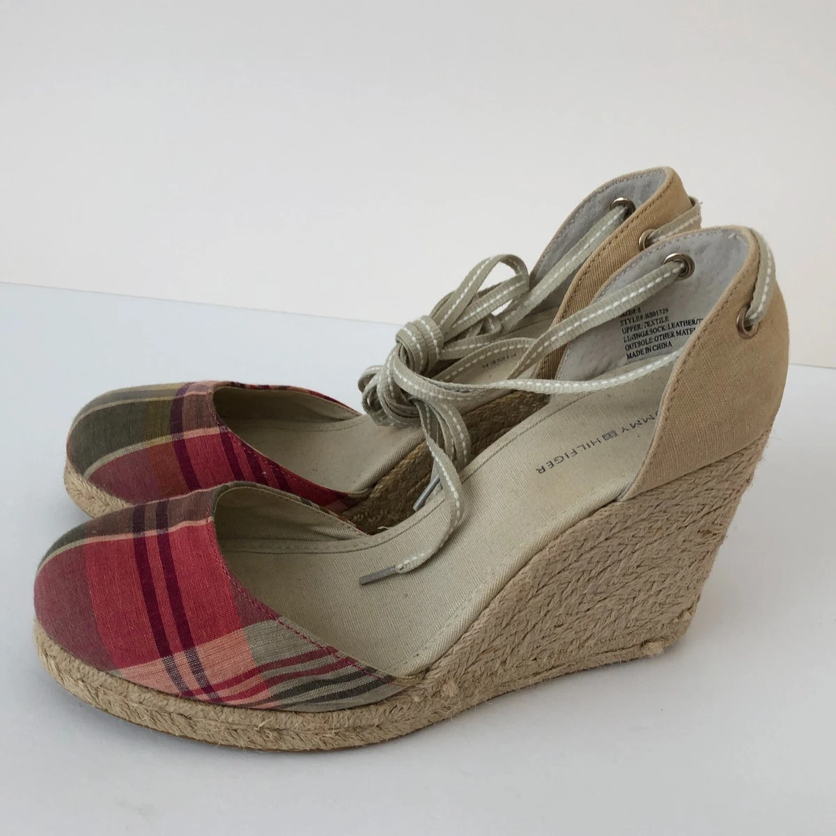 Tommy Hilfiger Espadrille Sandals Plaid Ankle Tie Closed Toe Wedge