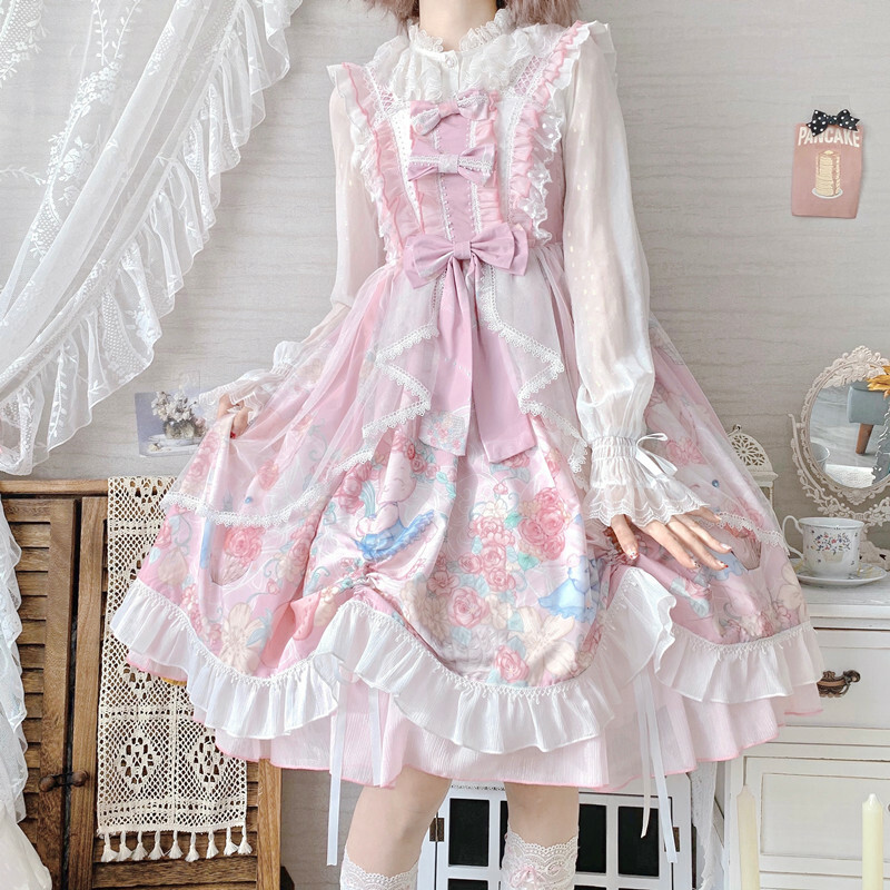 Japanese women Lolita wreath print bow ruffle jsk suspender