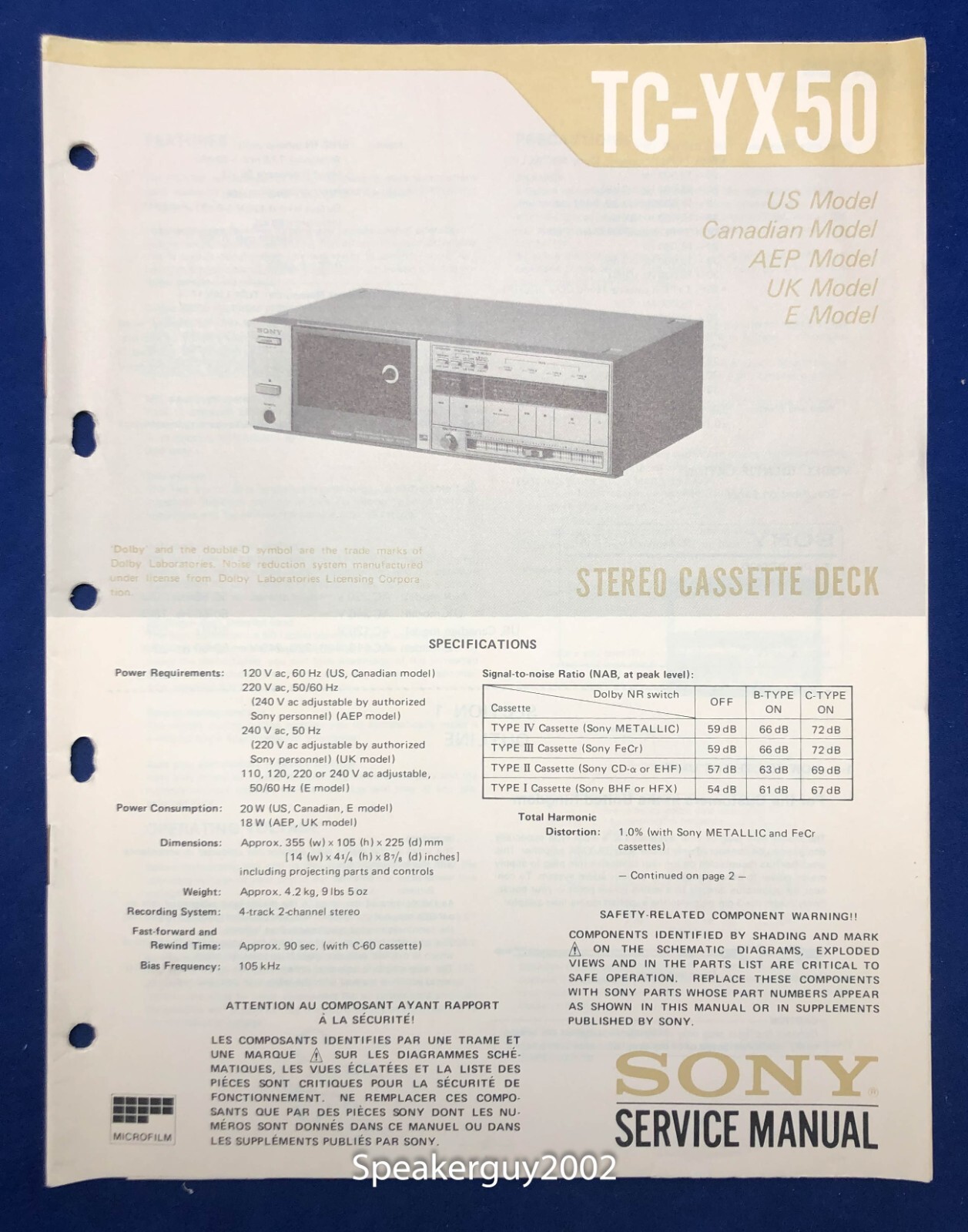 Original Sony TC-YX50 / Cassette Deck Service Manual
