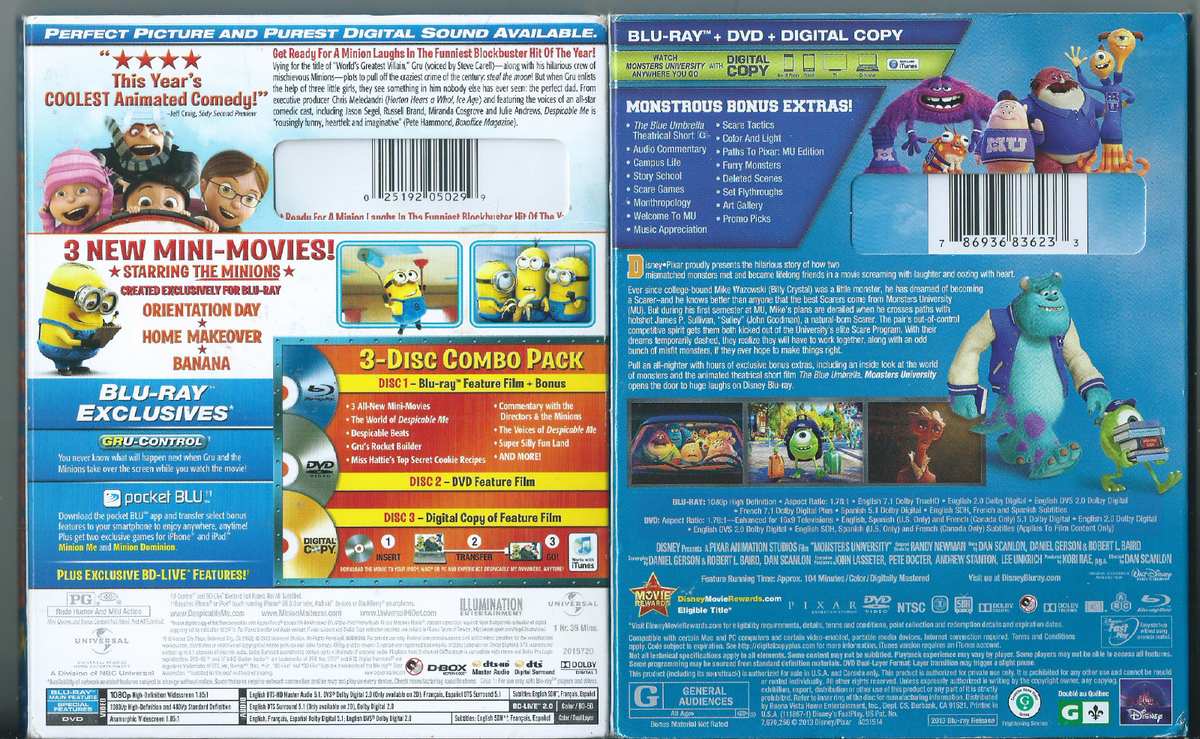 Despicable Me & Monsters University (Blu-ray/DVD, 2010, 3-Disc
