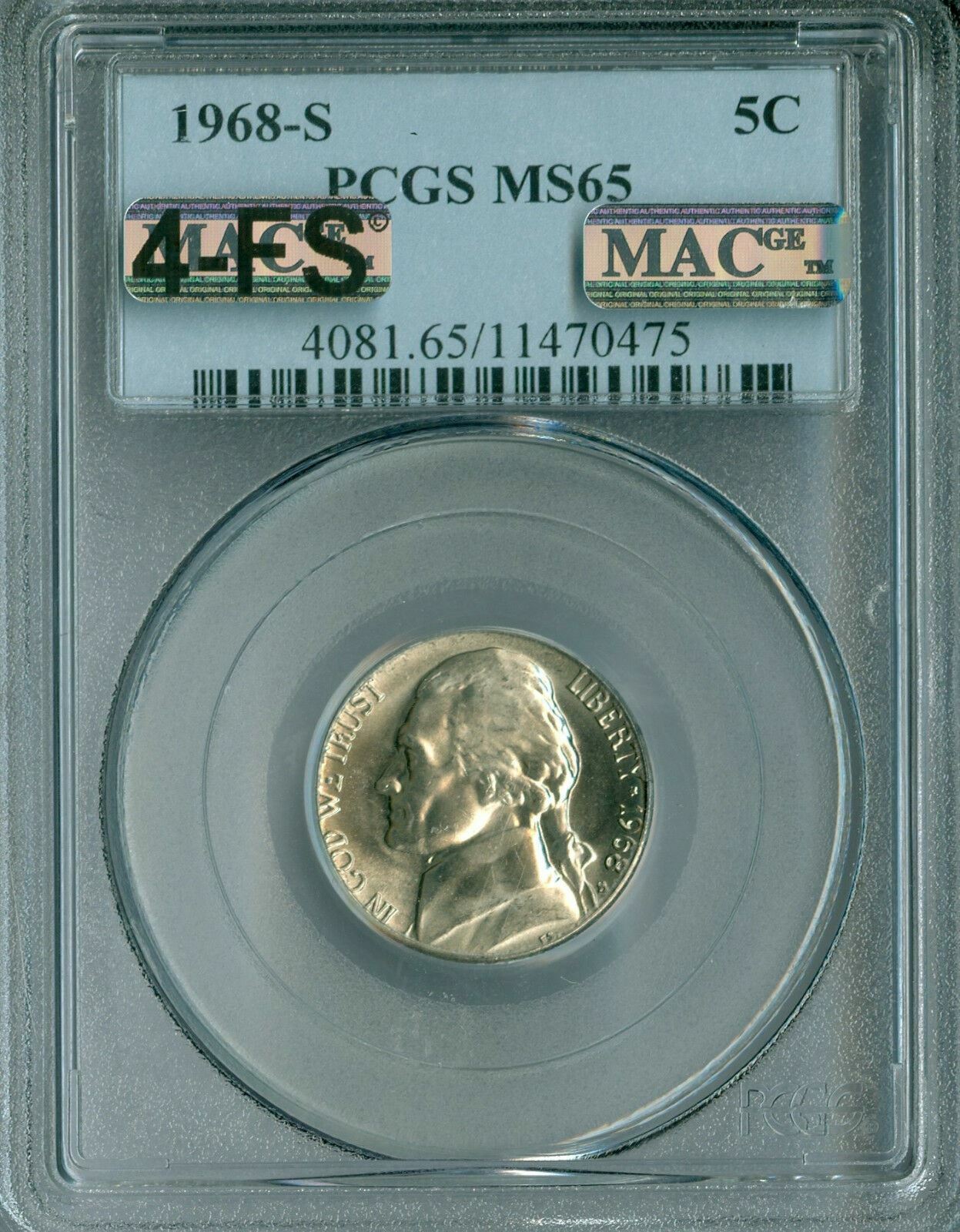 1968 S JEFFERSON NICKEL PCGS MS65 MAC 4FS RARE SPOTLESS $1,000.00 IN FS ...