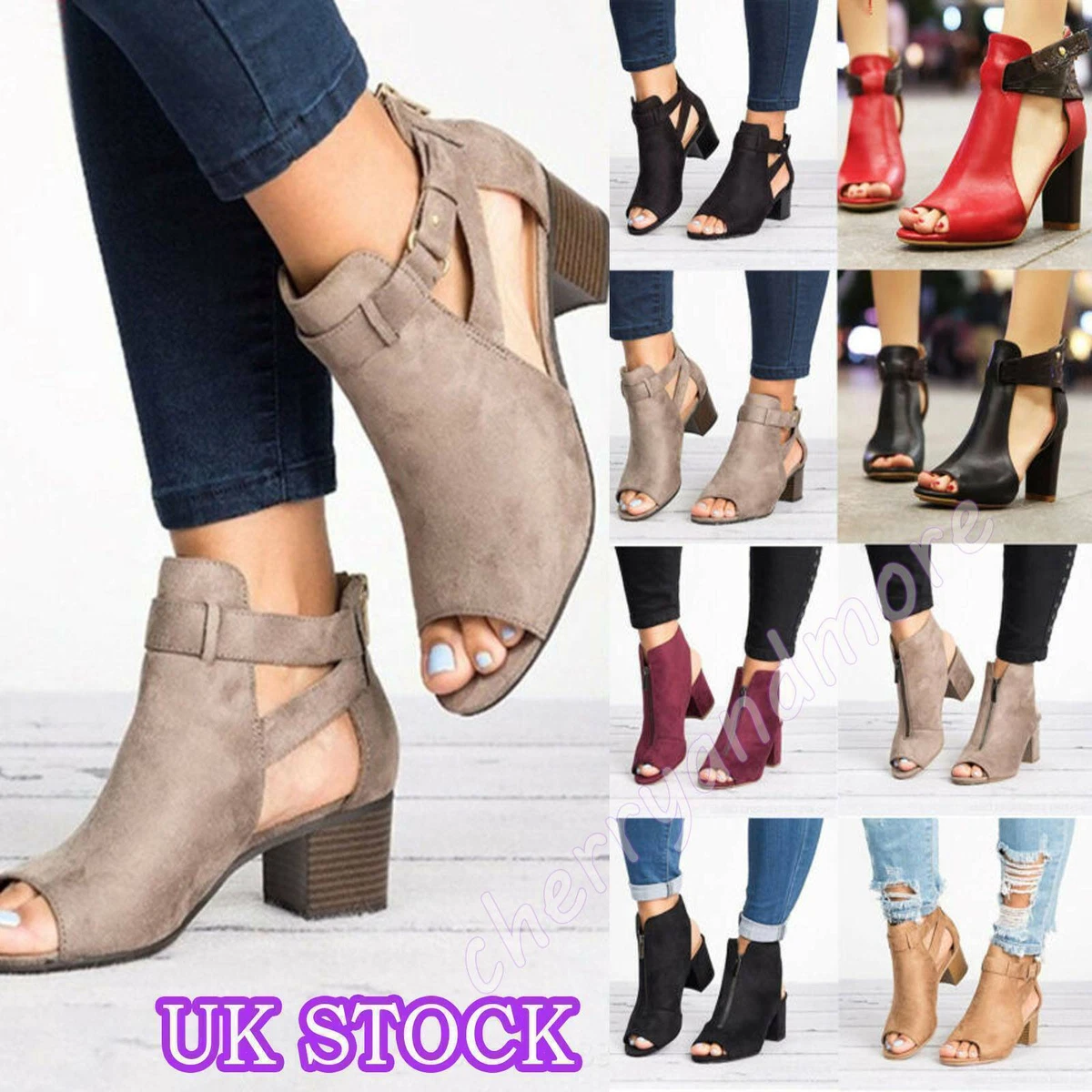 Women Chunky Block High Heel Sandals Peep Toe Ankle Strap Boots