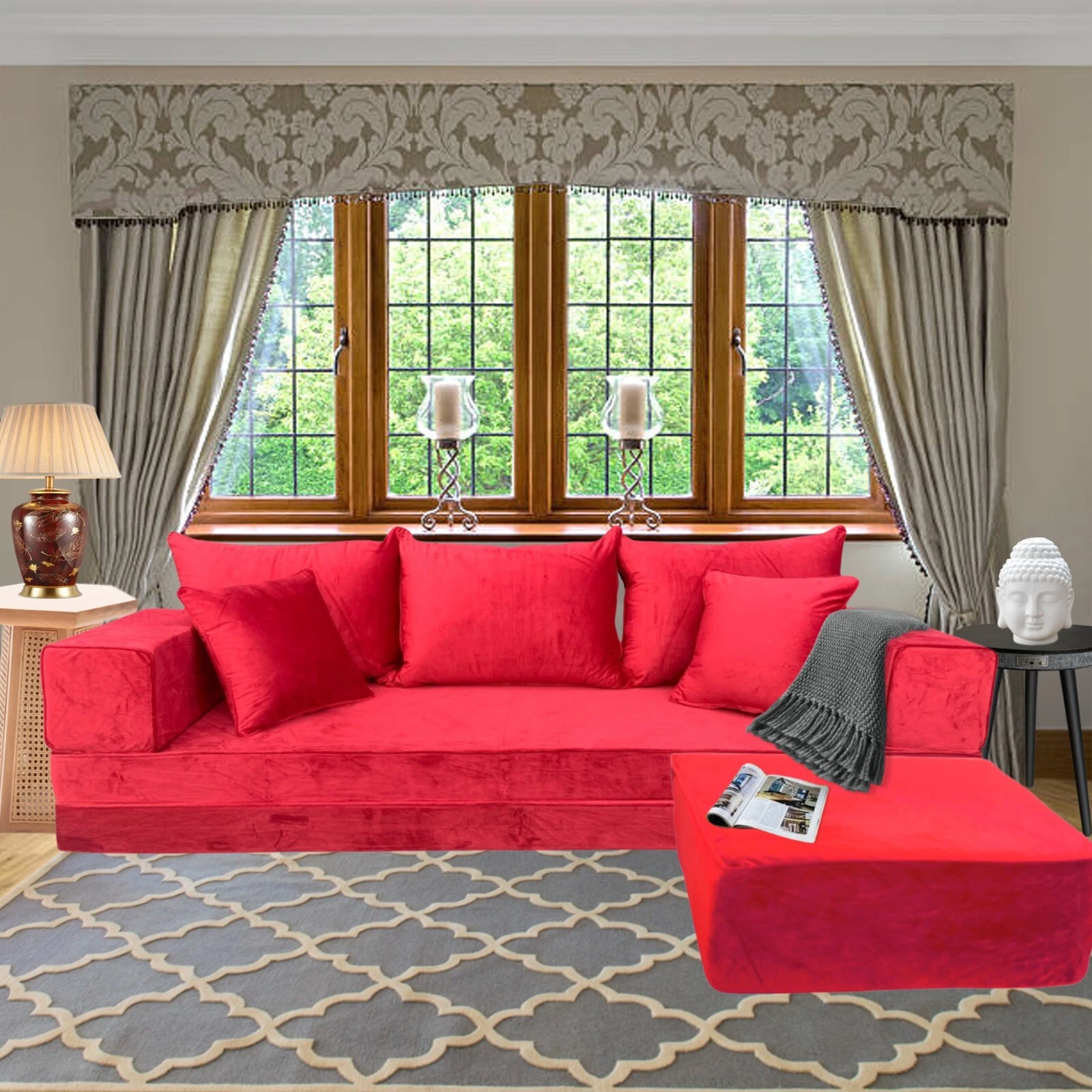 Arabic MAJLIS Furniture | Three Seater Velvet SOFA Set | Boho FLOOR Cushions