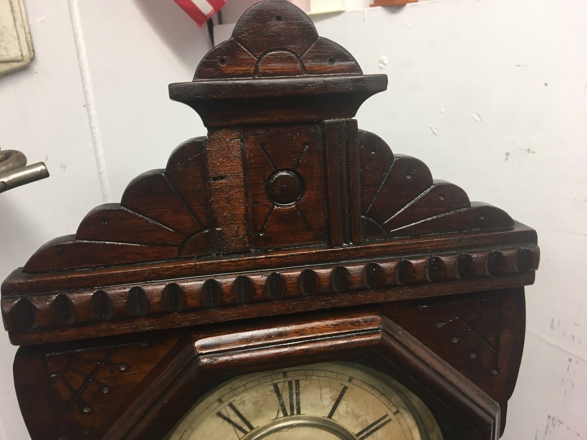 Antique Waterbury Wooden pendulum shelf clock Vintage Stained