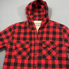 FLANNEL JAcket shacket Women M Buffalo Check Sherpa Lined Hooded BOSTON TRADERS