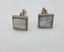 Vtg Mother Of Pearl Cufflinks Square Gold Tone Bullet Back