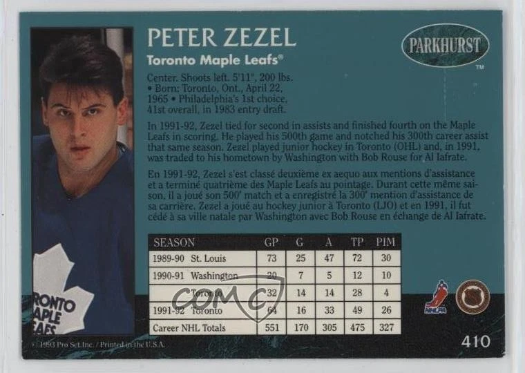 1992-93 Parkhurst Emerald Ice Peter Zezel #410 - Image 2 of 2