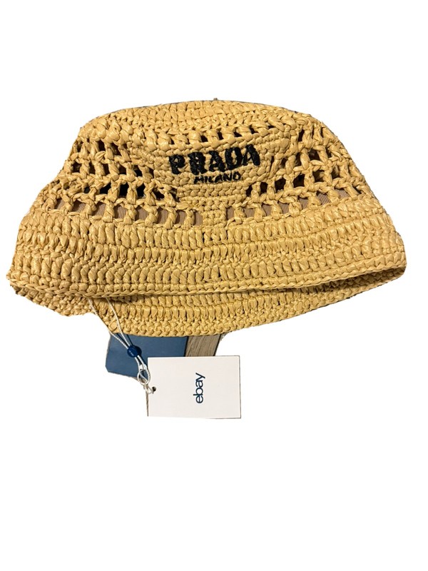 PRADA Raffia Crochette Bucket Hat Beige Size: SizeL 300325