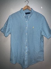 Ralph Lauren Mens XL Blue Seersucker Short Sleeve Button Down Cotton Checkered