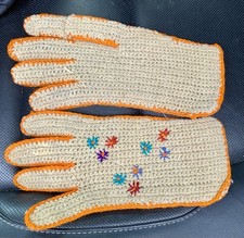 Vintage Ladies Hand Crocheted Openwork Tan Gloves Black W/ Flowers, Orange Trim