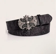 Y2K Chrome Hearts Cemetery Cross Sterling Silver Buckle Leather Belt 32-36 Rare