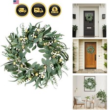 Artificial Eucalyptus Wreath 21 Inch Greenery Decor with White Berries for Sp...