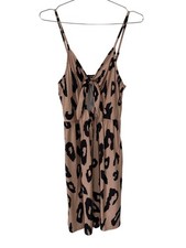 Leopard Print Knee Length Dress Size Large Tie Front Adjustable Strap Tan Black