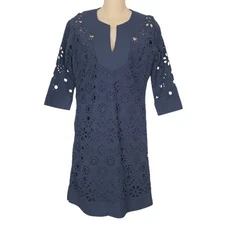 Gretchen Scott Ethereal Dress XS Navy Blue Eyelet Navy Blue Lined V-Neck Shift