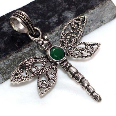 925 Silver Plated Dragonfly Green Onyx Pendant Handmade Gemstone 2.3'' MJ