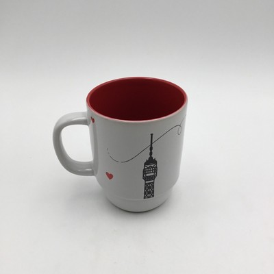 White Ceramic Mug W/ Eiffel Tower & Heart Design Red Interior 4'' Tall