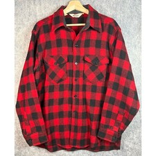 Woolrich Vtg Mens Large Red Black Flannel Shirt Jacket Button Front Made In USA