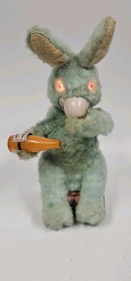 Vintage Working Cloth Rabbit Drinking Carrot Juice Litho Tin  Battery Toy Japan