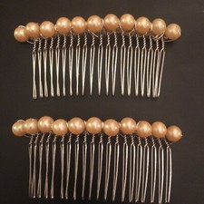  2 Vintage Yellow Pearl Silver Metal Hair Combs