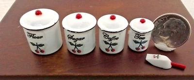 Dollhouse Miniature 4 pc Cherries Canister Set - Flour Sugar Coffee Tea 1:12