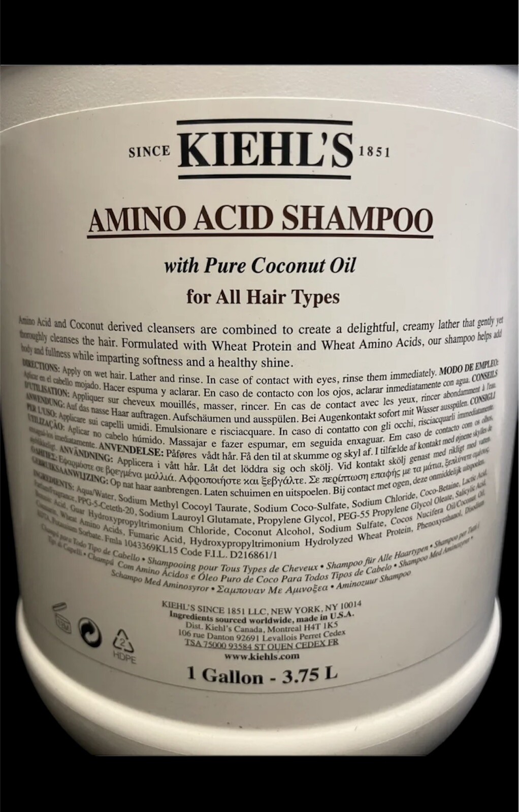 KEIHL'S AMINO ACID SHAMPOO PURE COCONUT OIL - ALL HAIR TYPES - 1 GALLON 3.75L