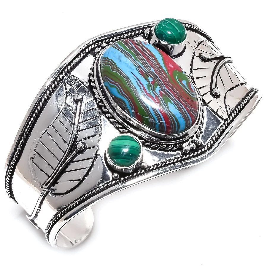 VALENTINO Bracciale in argento sterling 925 con calsilica arcobaleno naturale pietra preziosa malachite T065