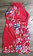 GUESS Women's Floral Printed Halter Sheath Dress, keyhole neck scuba crepe Sz 14