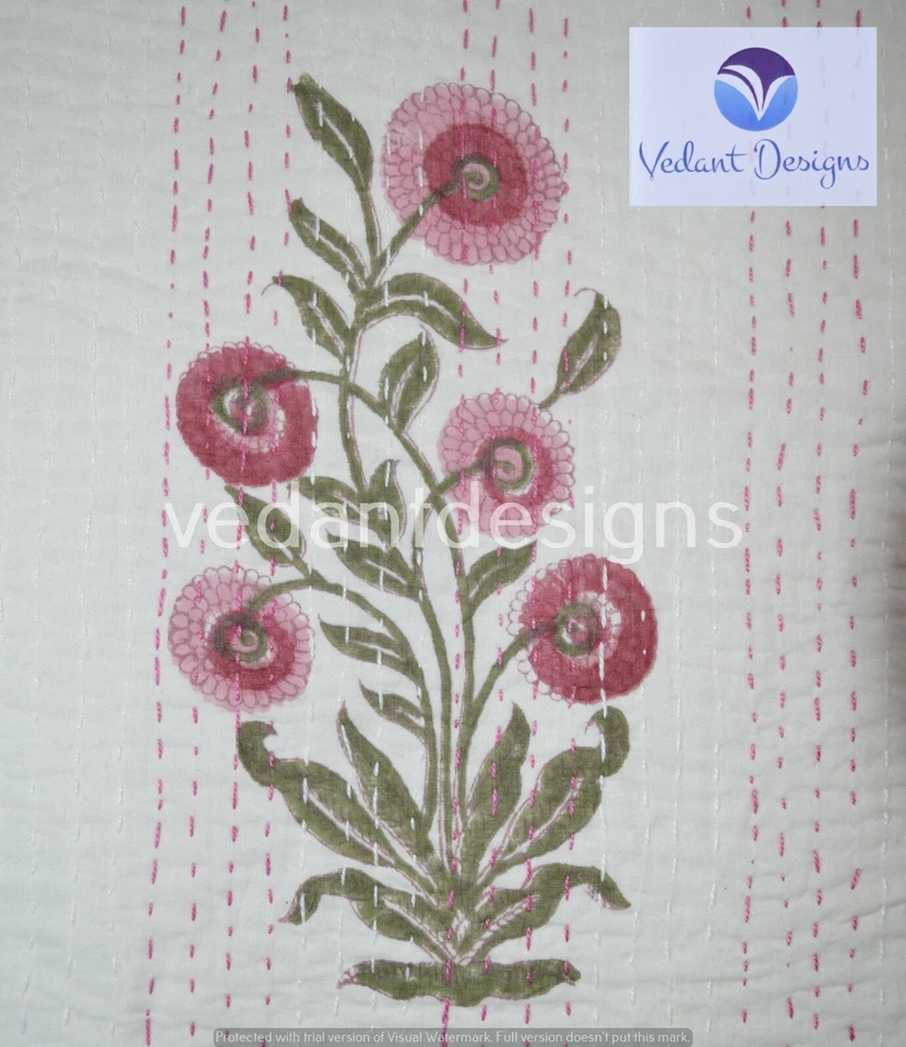 Colchas dobles hechas a mano con estampado de bloques Kantha blancas Gudri Throw Ralli Foto 4 de 4