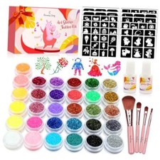 Temporary Glitter Tattoo Kids, 31 Glitter Colors,165 Unique Stencils,2 Glue,4