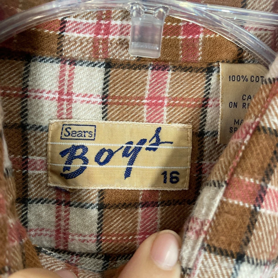 Camisa de franela vintage Sears manga larga a cuadros niños talla 16 años 70 80 marrón adolescente Foto 3 de 4