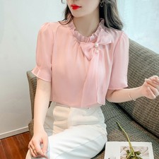 Women Summer Bows Frill Collared Chiffon Short Sleeve Elegant T Shirt Blouse Top