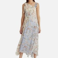 Lauren Ralph Lauren Floral Asymmetrical Midi Dress Blue White Shark Bite Hem