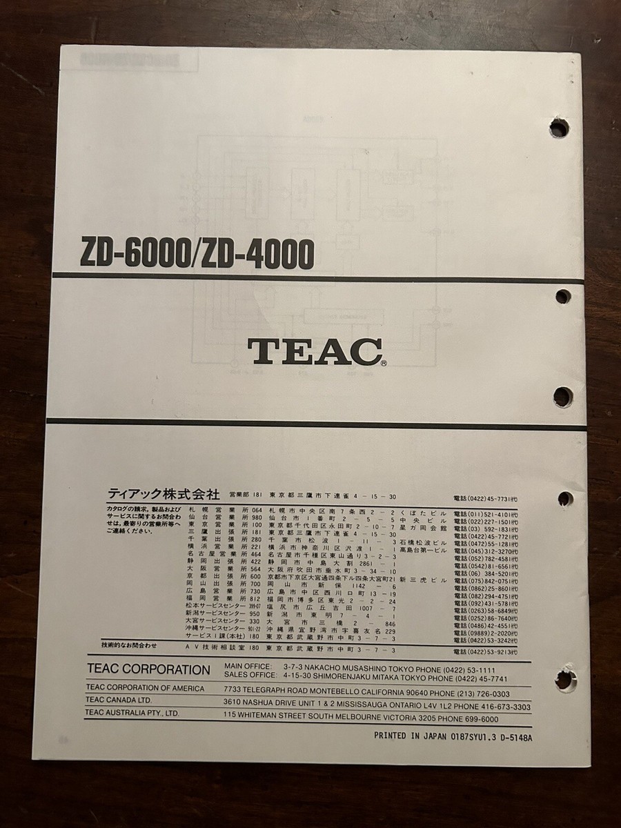 TEAC ZD-6000 ZD-4000 Compact Disc CD Player Service Manual OEM