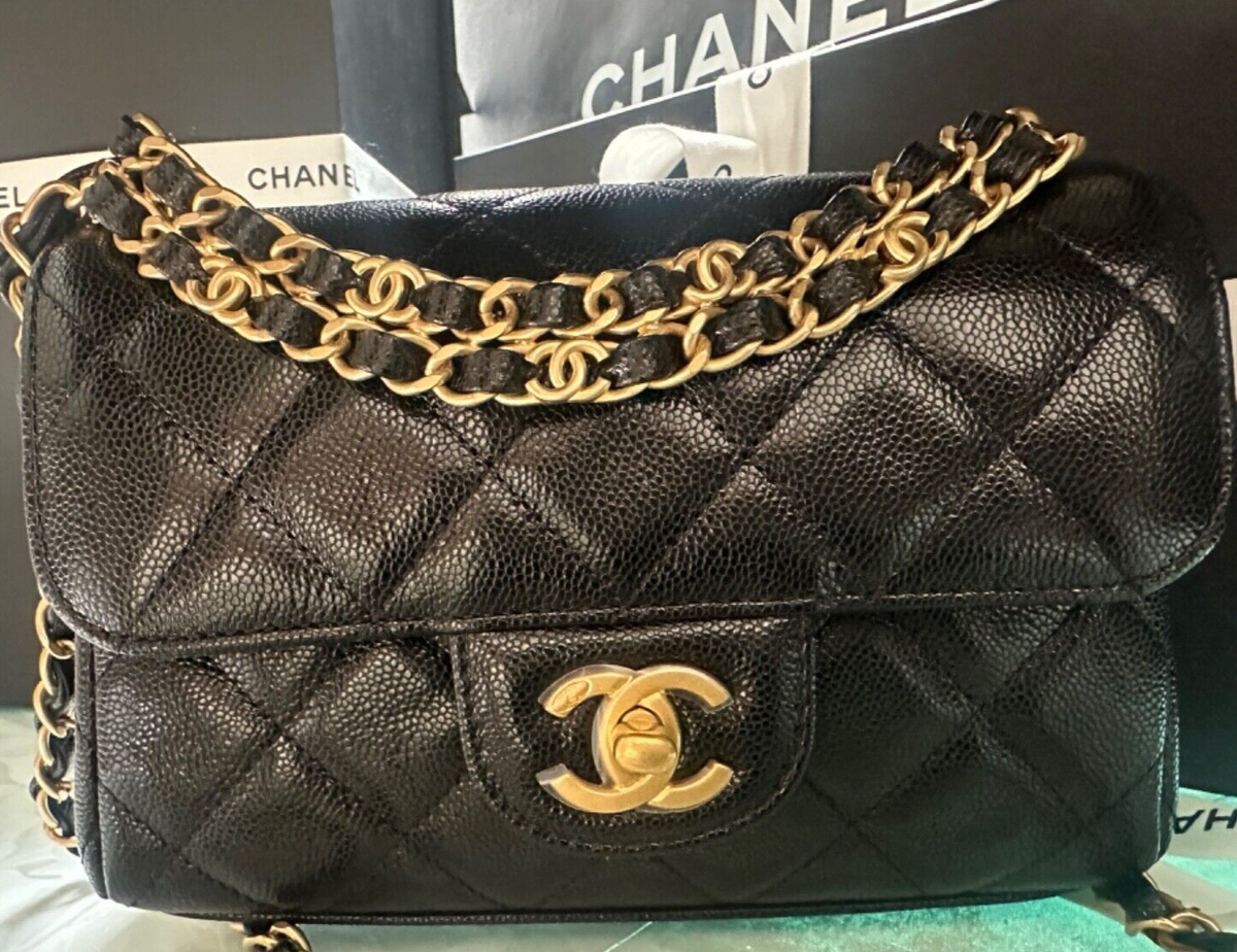 New 25P CHANEL Black Caviar Mini Rectangular Chain Top Handl Small