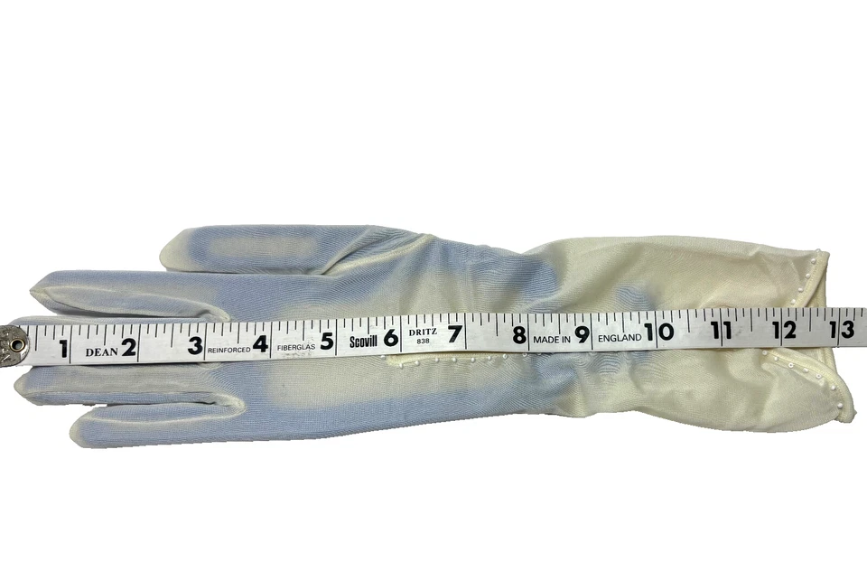 VINTAGE IVORY SHEER NYLON BEADED 13" GLOVES, JAPAN, SIZE 6.5 - Image 3 of 4