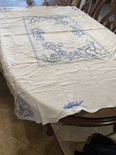 Exquisite Blue Willow Vintage Hand Embroidered Large Tablecloth 71&rdquo; By 56&rdquo;